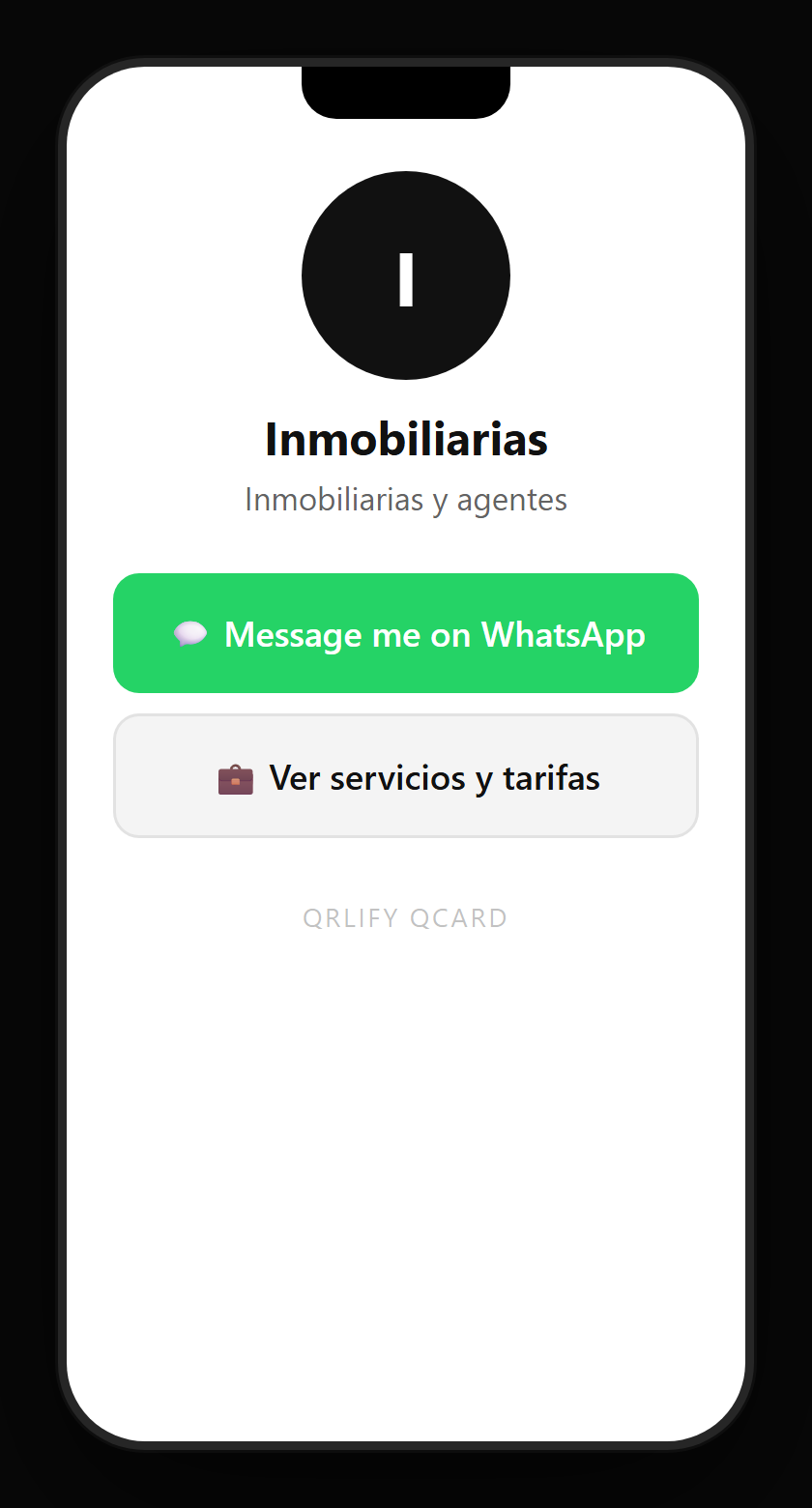 A real estate QCard on a phone: agent name, description and buttons to the property sheet, the virtual tour, booking a viewing and WhatsApp