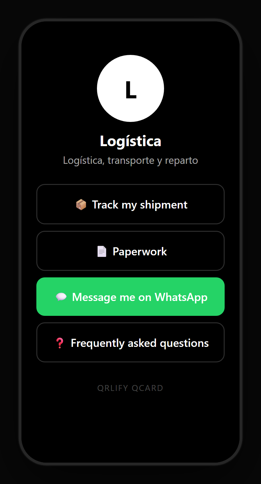 A logistics QCard on a phone: shipment identification and buttons to track the shipment, the paperwork, report an incident and the operations contact