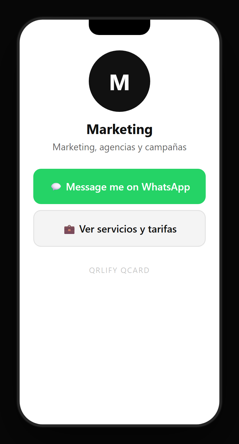 An agency QCard on a phone: name, description and buttons to the campaign landing, the portfolio, the contact form and WhatsApp
