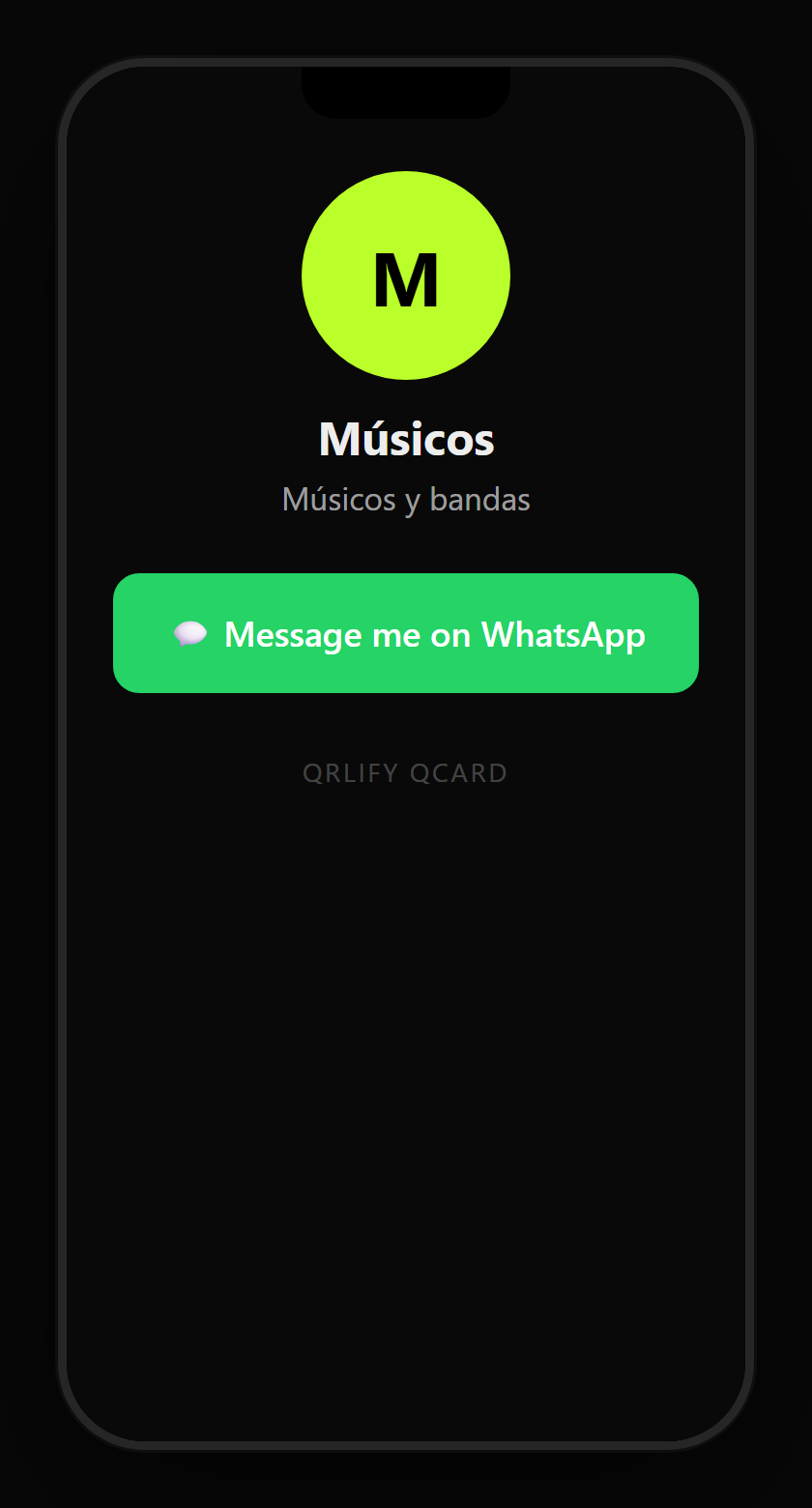 A musician QCard on a phone: name, description and buttons to listen on Spotify, the upcoming dates, the merch and bookings