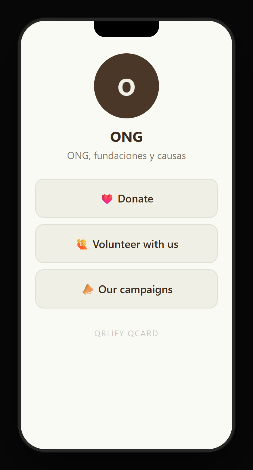 A nonprofit QCard on a phone: organisation name, description and buttons to donate, become a volunteer, our impact and the transparency report