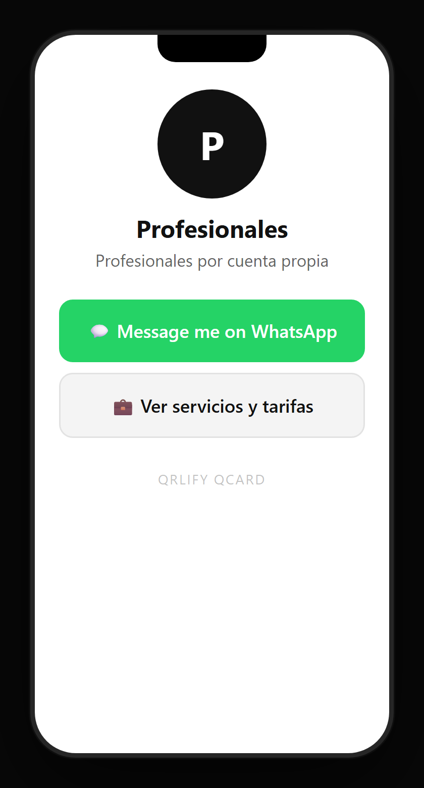 A self-employed professional QCard on a phone: name, description and buttons to book an appointment, request a quote, pay for the job and WhatsApp