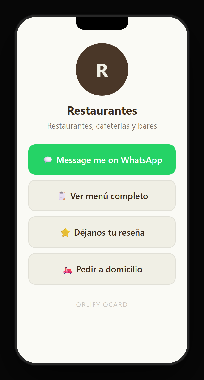 A restaurant QCard on a phone: name, description and buttons to WhatsApp, the full menu, the reviews and delivery orders