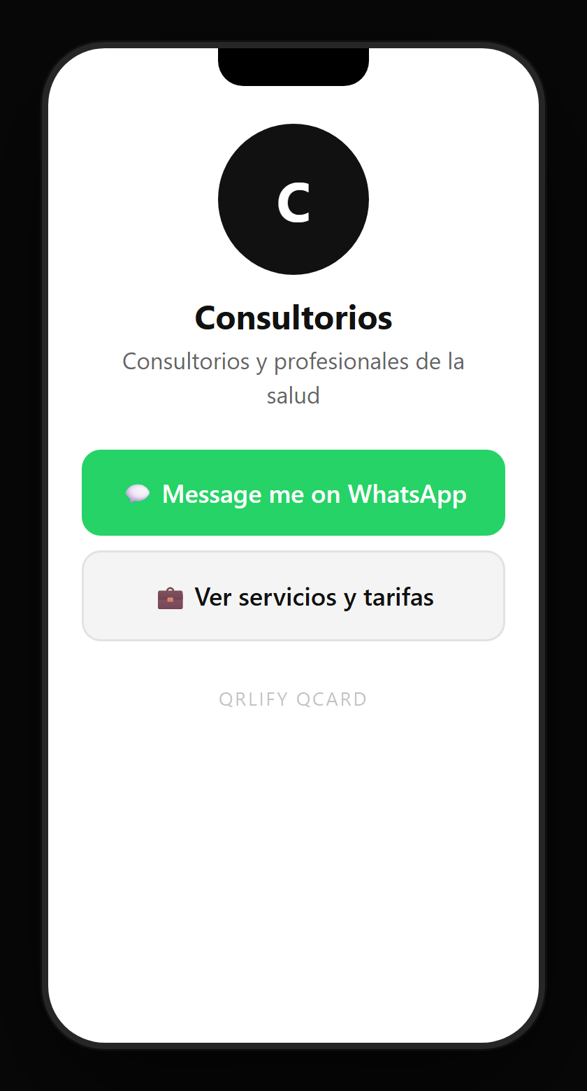 A clinic QCard on a phone: practitioner name, description and buttons to book an appointment, the intake form, how to find the clinic and WhatsApp