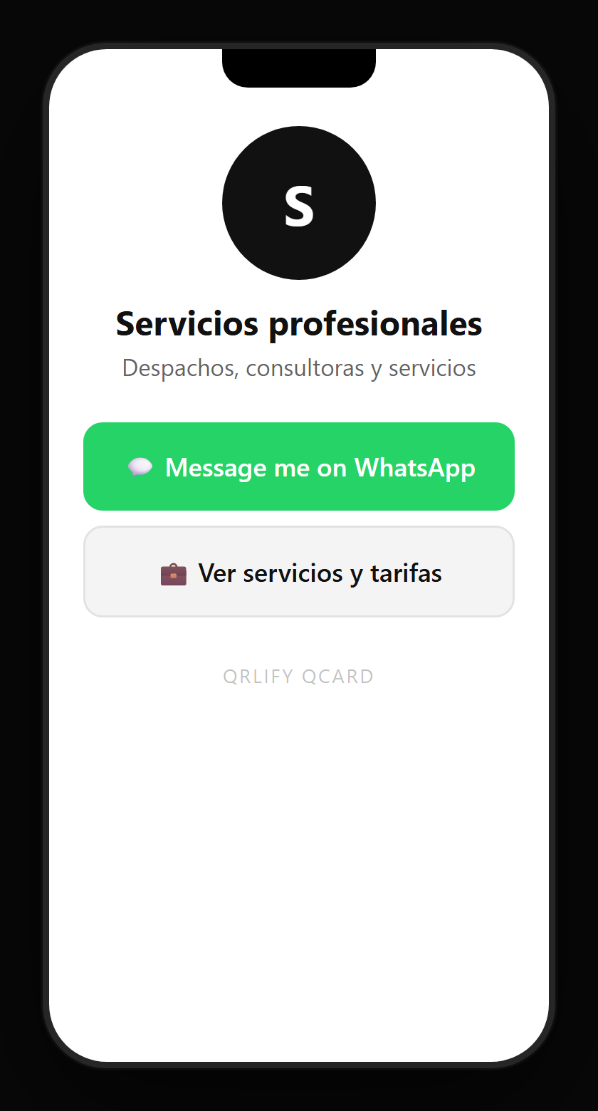 A professional services QCard on a phone: name, description and buttons to the services, book a meeting, request a quote and the contact details