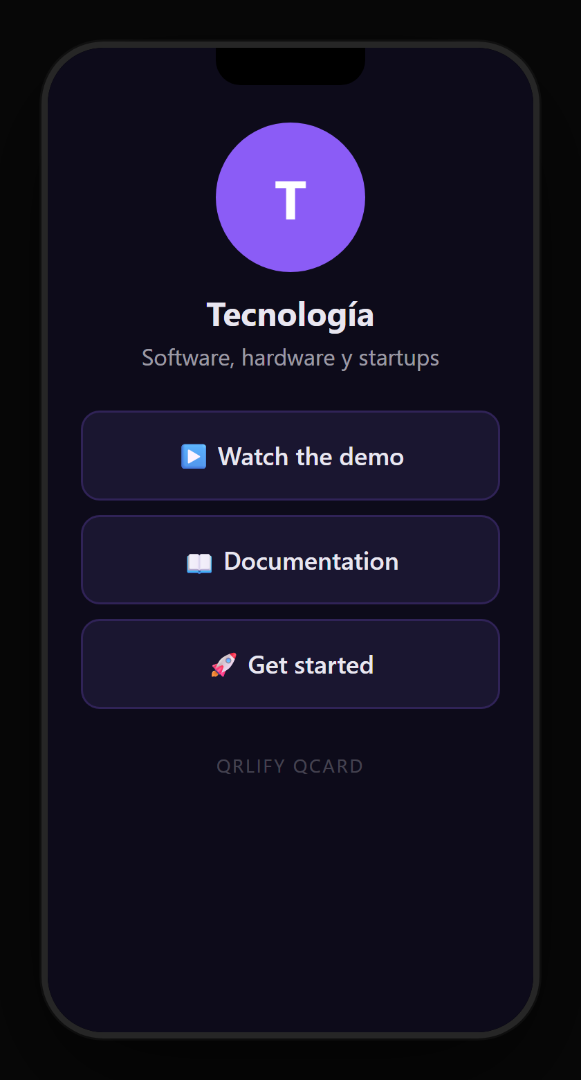 A tech product QCard on a phone: name, description and buttons to the demo, the first steps, download the app and support