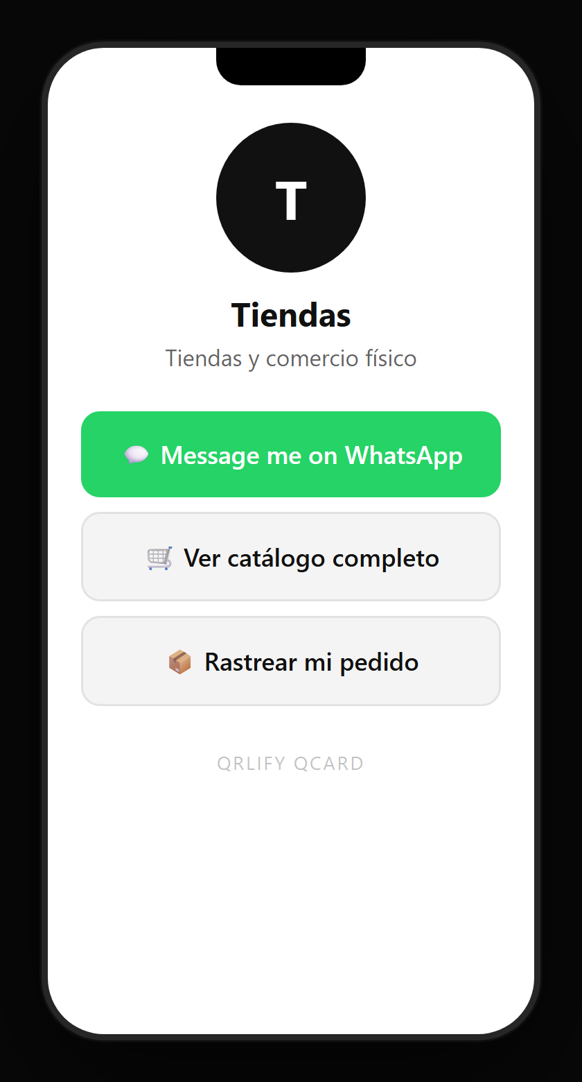 A retail QCard on a phone: name, description and buttons to the catalogue, the sales WhatsApp, the store list and the reviews