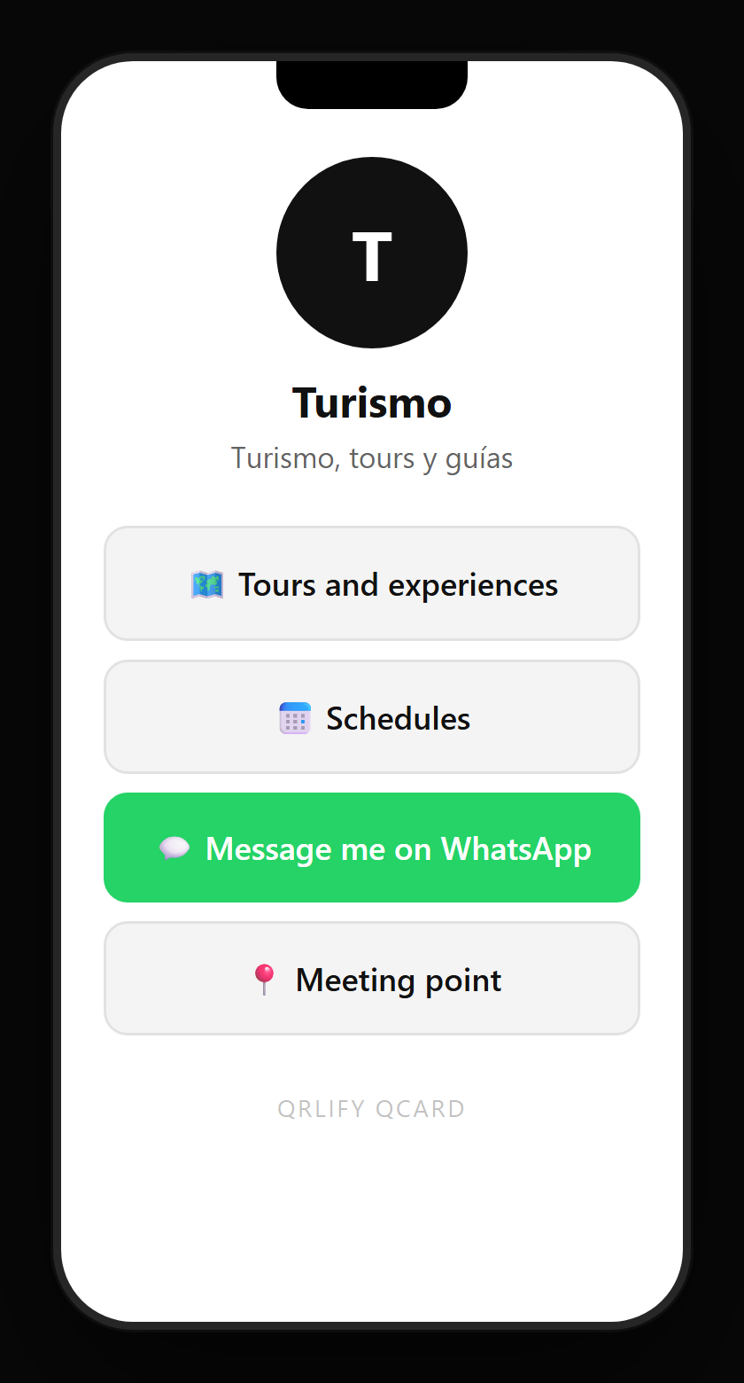 A tourism QCard on a phone: name, description and buttons to the itinerary, book the tour, the meeting point and the reviews