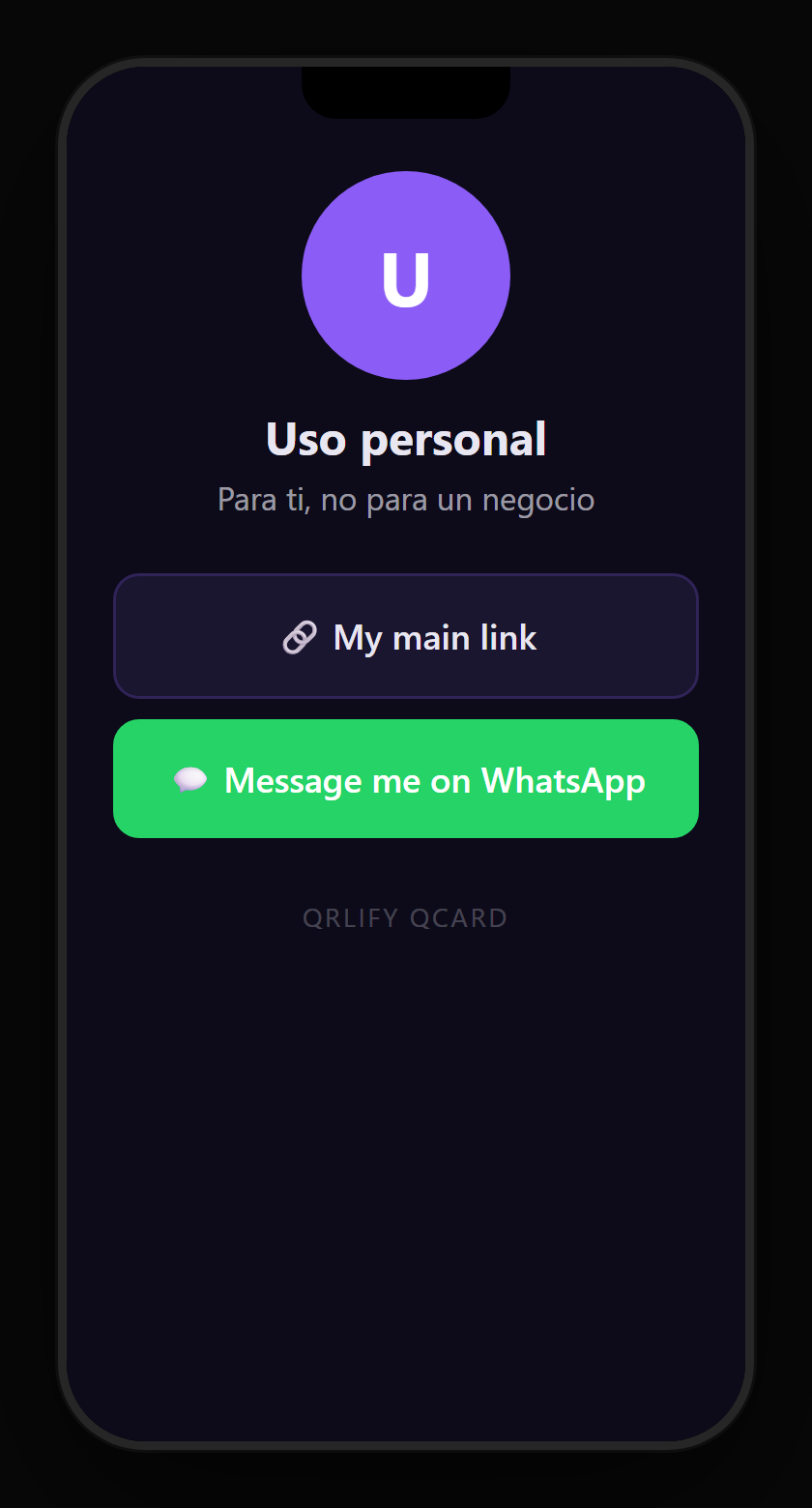 A personal QCard on a phone: name, description and buttons to WhatsApp, Instagram, the photo album and the location