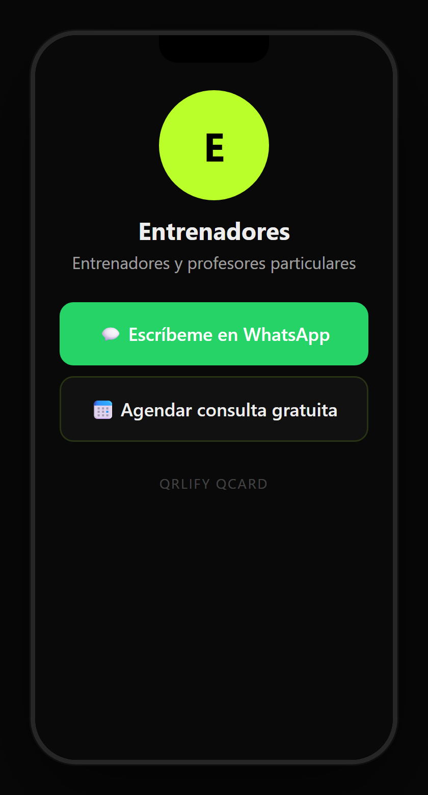 Una QCard de entrenador personal en el móvil: nombre, descripción y botones a la rutina de entrenamiento, reservar clase, el material y WhatsApp