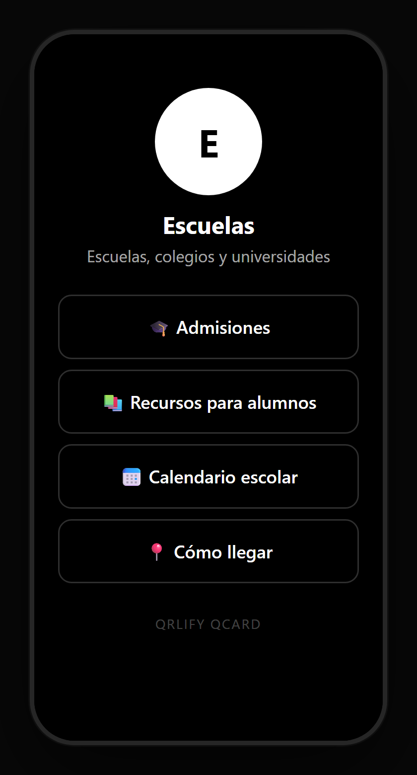 Una QCard de centro educativo en el móvil: nombre, descripción y botones a admisiones, el calendario académico, el material de clase y el contacto de secretaría