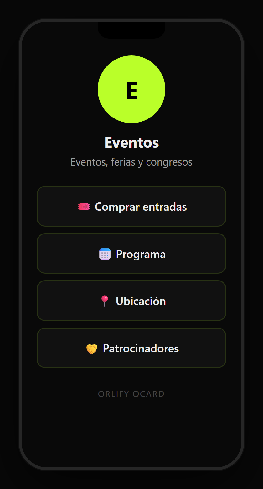 Una QCard de evento en el móvil: nombre, descripción y botones a comprar entradas, el programa, cómo llegar y el contacto de organización