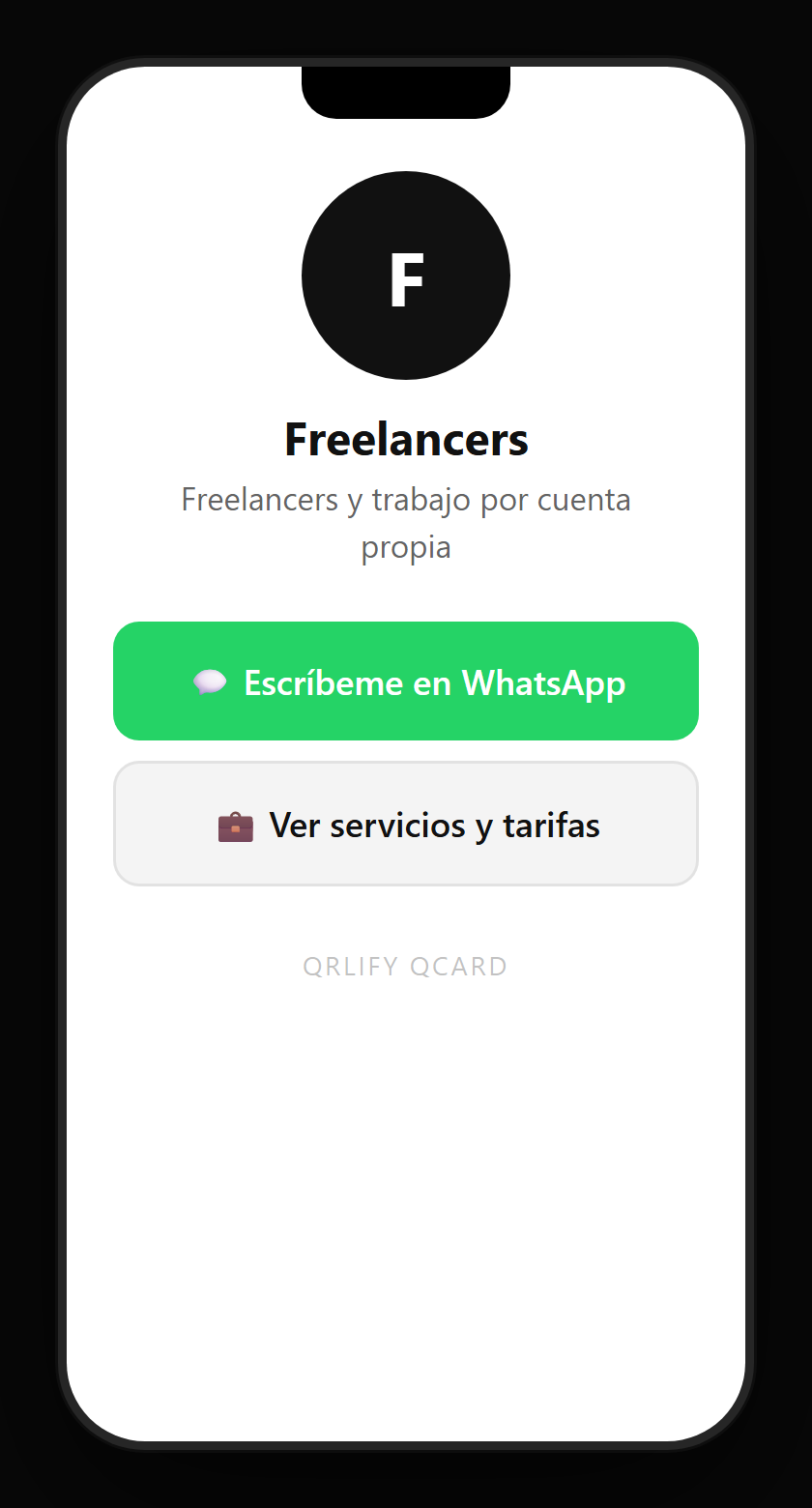 Una QCard de freelancer en el móvil: nombre, descripción y botones al portafolio, agendar una llamada, pedir cotización y WhatsApp