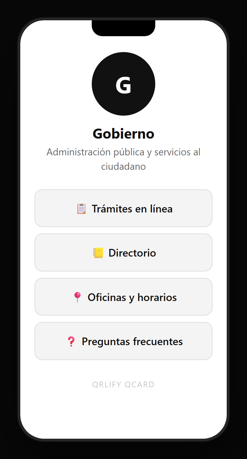 Una QCard de administración pública en el móvil: nombre de la oficina, descripción y botones a iniciar el trámite, los requisitos, seguir la solicitud y el directorio