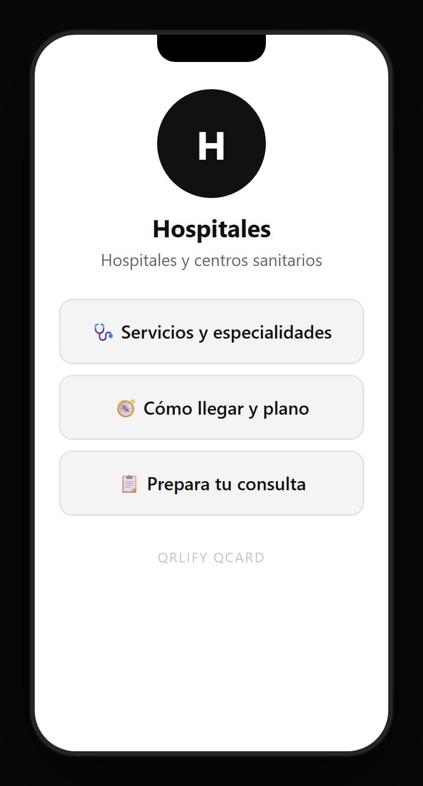 Una QCard de centro sanitario en el móvil: nombre, descripción y botones al registro de paciente, cómo llegar, la preparación del estudio y el contacto de la unidad