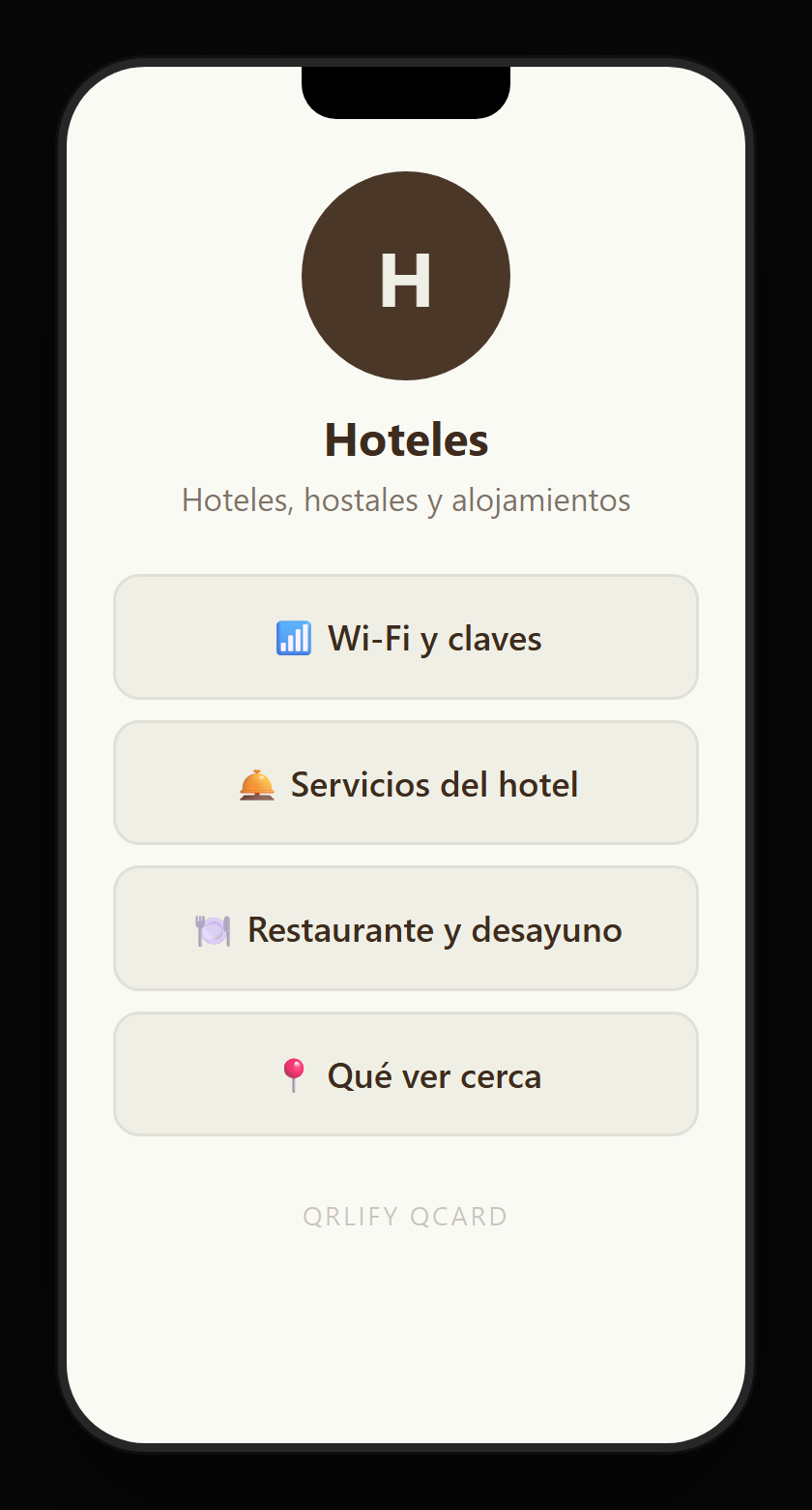 Una QCard de hotel en el móvil: nombre, descripción y botones al wifi, el servicio a la habitación, las recomendaciones locales y el WhatsApp de recepción
