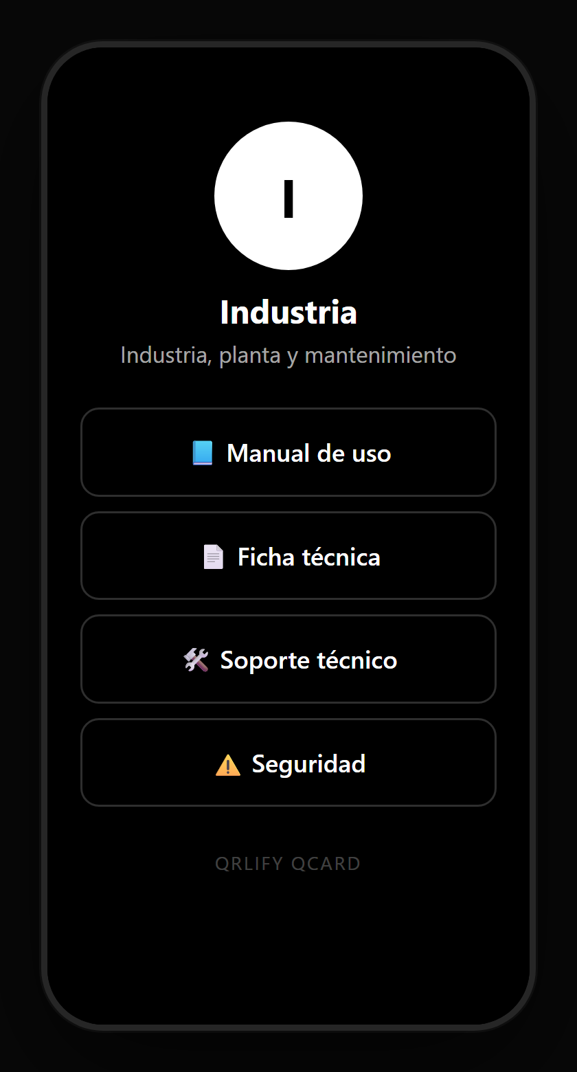 Una QCard de planta industrial en el móvil: identificación de la máquina y botones al manual, la ficha técnica, reportar una falla y el historial de mantenimiento