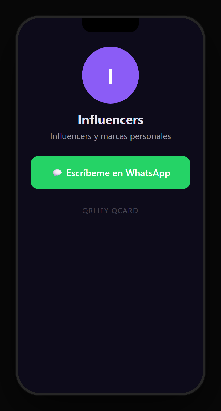 Una QCard de influencer en el móvil: nombre, descripción y botones al código de descuento, los productos recomendados, el media kit y las redes