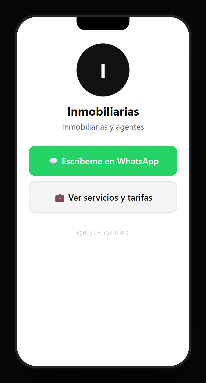 Una QCard de inmobiliaria en el móvil: nombre del agente, descripción y botones a la ficha de la propiedad, el recorrido virtual, agendar visita y WhatsApp