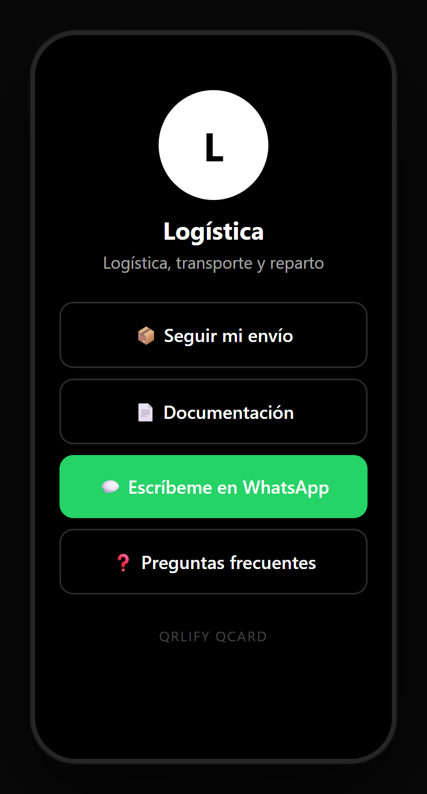 Una QCard de logística en el móvil: identificación del envío y botones a seguir el envío, la documentación, reportar incidencia y el contacto de operaciones