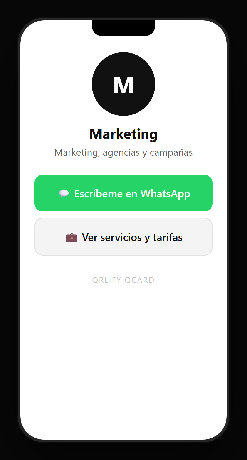 Una QCard de agencia en el móvil: nombre, descripción y botones a la landing de la campaña, el portafolio, el formulario de contacto y WhatsApp