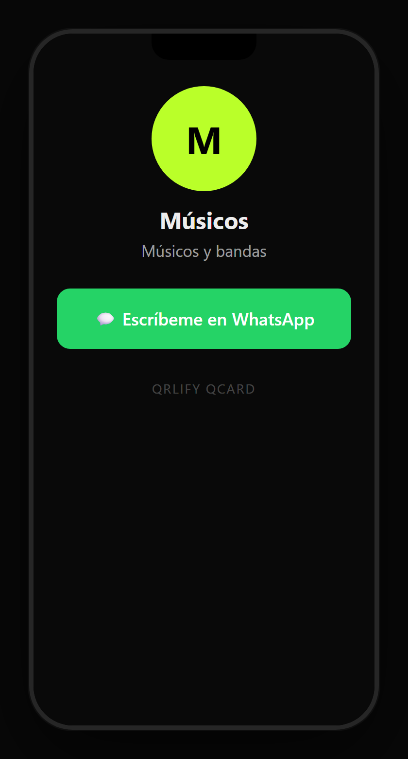 Una QCard de músico en el móvil: nombre, descripción y botones a escuchar en Spotify, las próximas fechas, el merch y la contratación
