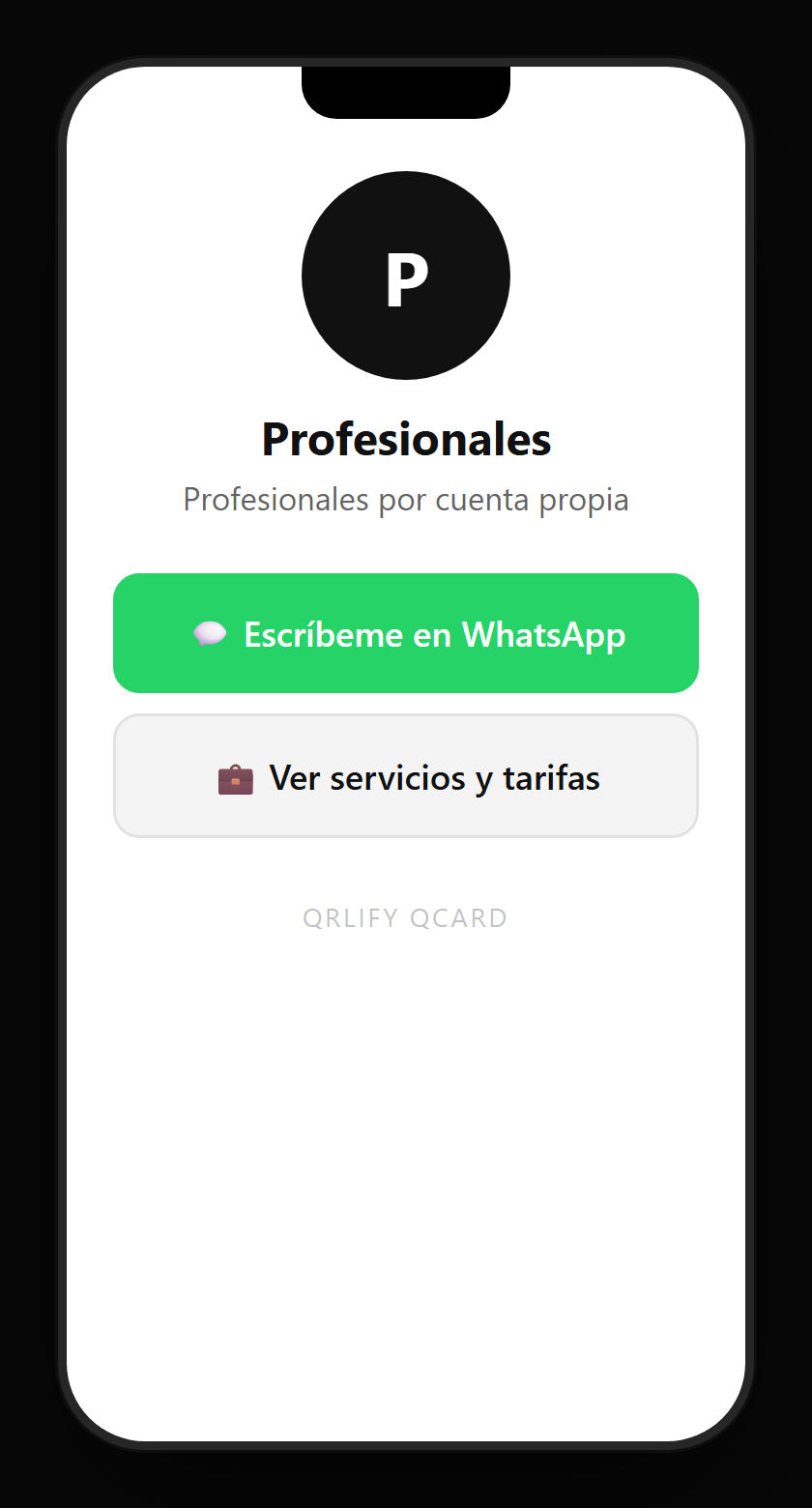 Una QCard de profesional por cuenta propia en el móvil: nombre, descripción y botones a reservar cita, pedir presupuesto, pagar el servicio y WhatsApp