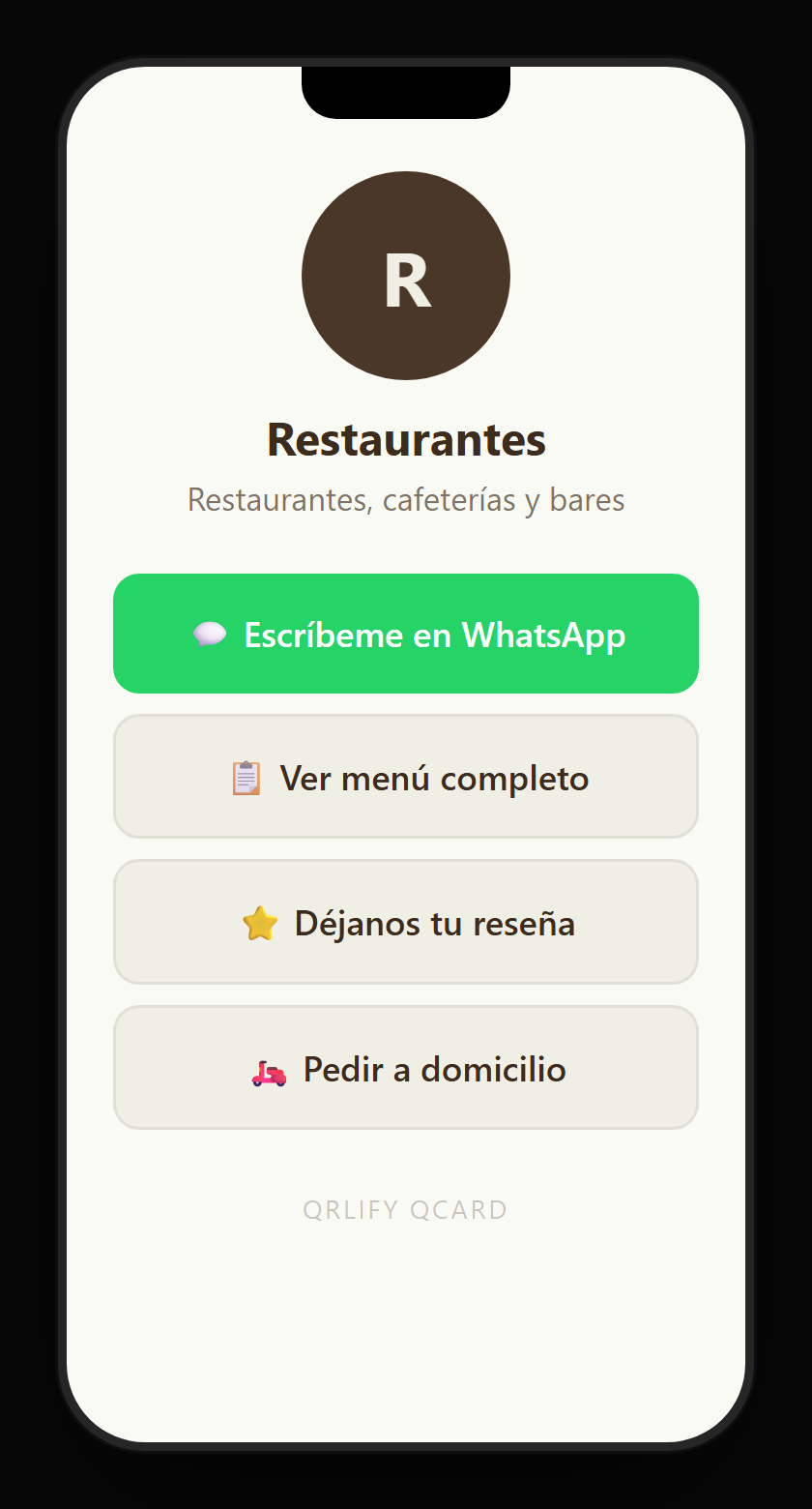 Una QCard de restaurante en el móvil: nombre, descripción y botones a WhatsApp, el menú completo, las reseñas y los pedidos a domicilio