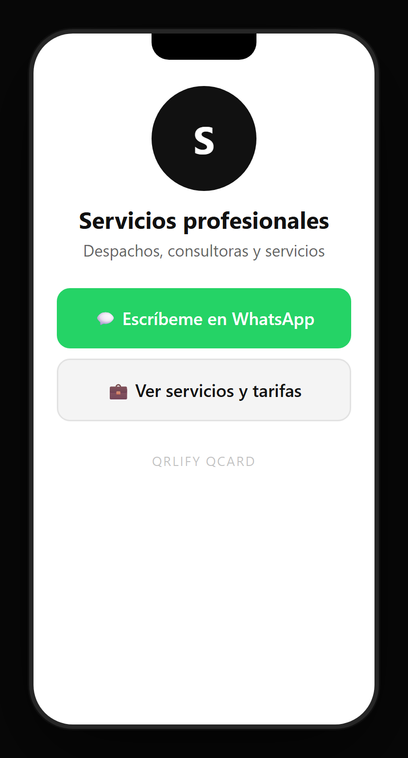 Una QCard de despacho profesional en el móvil: nombre, descripción y botones a los servicios, agendar reunión, pedir cotización y el contacto