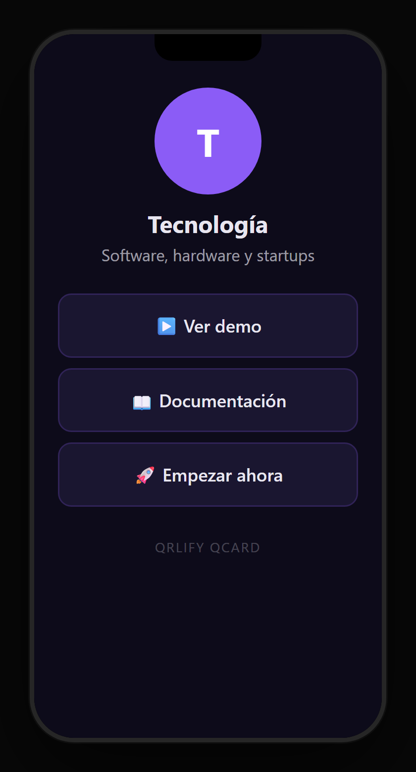 Una QCard de producto tecnológico en el móvil: nombre, descripción y botones a la demo, los primeros pasos, descargar la app y el soporte