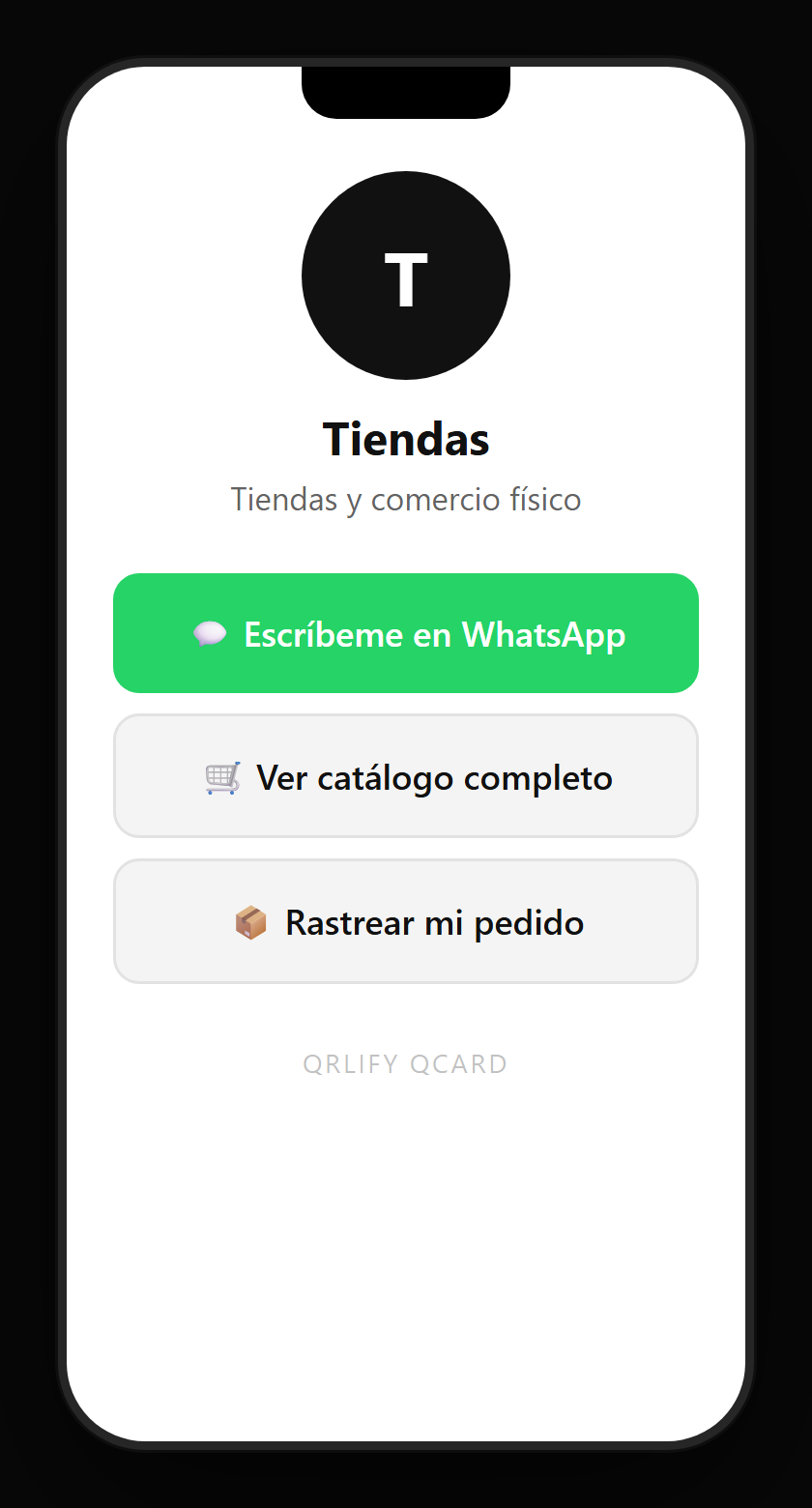 Una QCard de tienda en el móvil: nombre, descripción y botones al catálogo, el WhatsApp de ventas, las sucursales y las reseñas