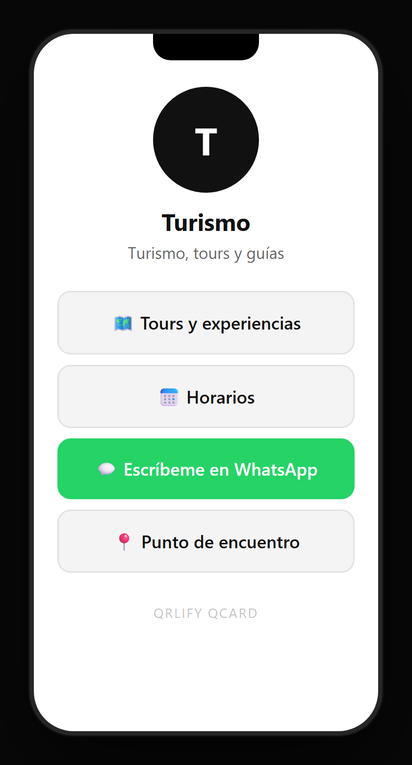 Una QCard de turismo en el móvil: nombre, descripción y botones al itinerario, reservar el tour, el punto de encuentro y las reseñas