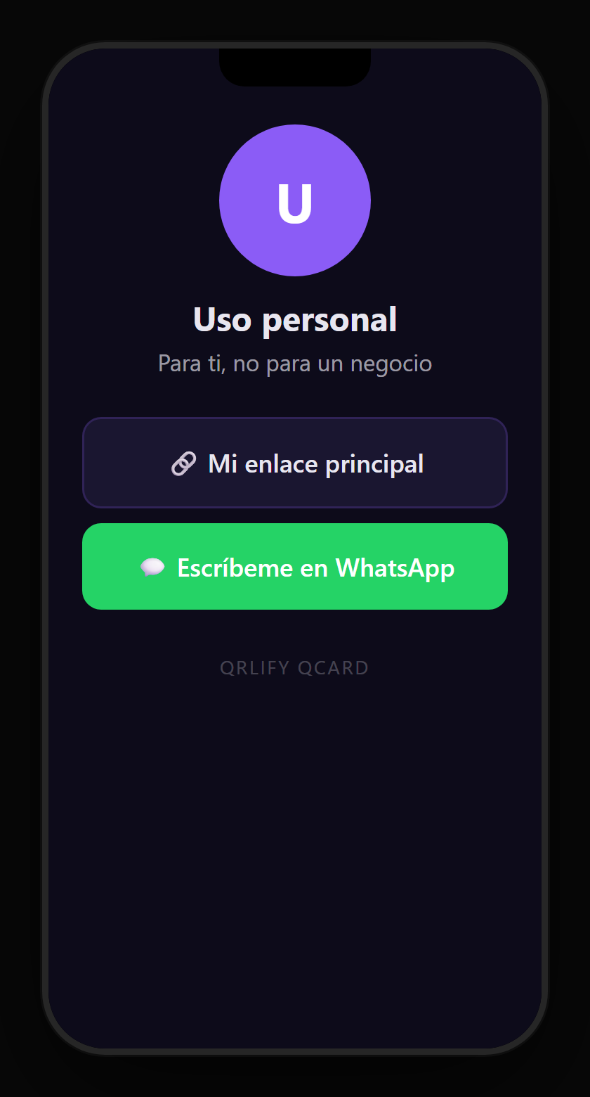 Una QCard personal en el móvil: nombre, descripción y botones a WhatsApp, Instagram, el álbum de fotos y la ubicación